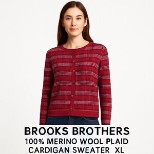 Brooks Brothers 100% Merino Wool Plaid Cardigan Sweater Women’s XL Burgundy Red